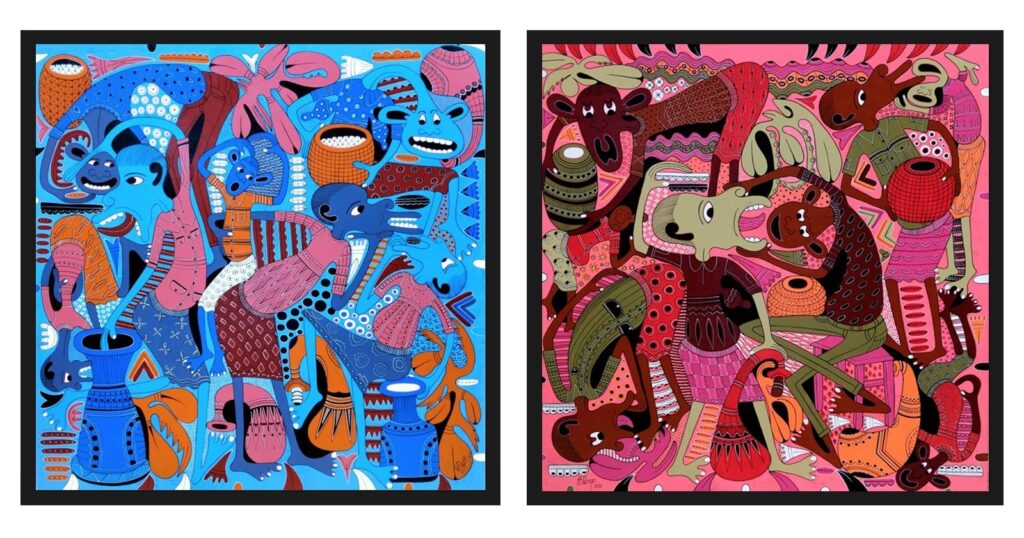 Two side by side paintings by Hendrick Lilanga